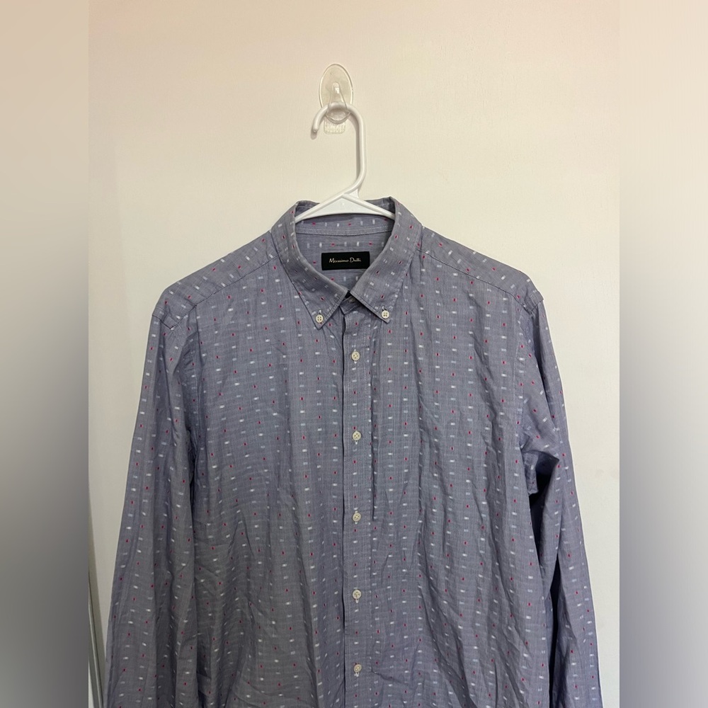 Massimo Dutti Shirt Mens Medium Blue‎ Houndstooth Button Up Cotton - Picture 2 of 8
